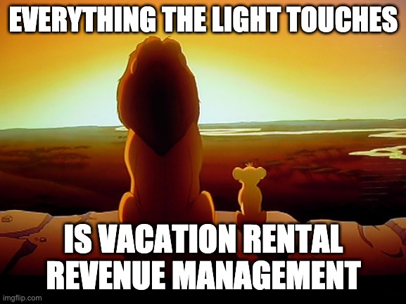 Simba and Mufasa sit atop Pride Rock, looking at their kingdom. The meme-style text reads, "Everything the light touches is vacation rental revenue management".